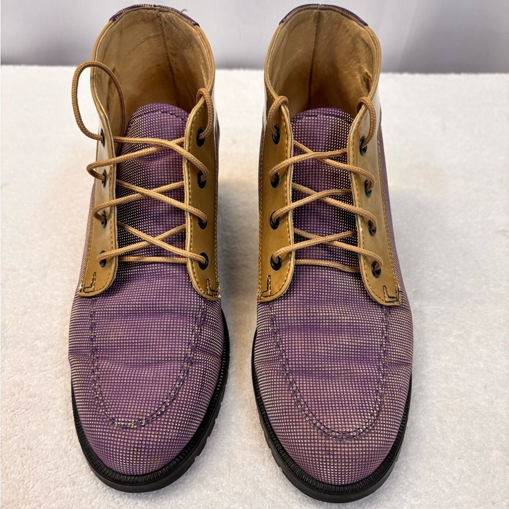 Nicole St. Louis Handcrafted Purple & Tan Two-Tone Lace-Up Booties - Picture 5 of 15